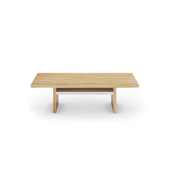 Table basse Dallas rectangulaire en chêne naturel, étagère perle, 110 x 55 cm.