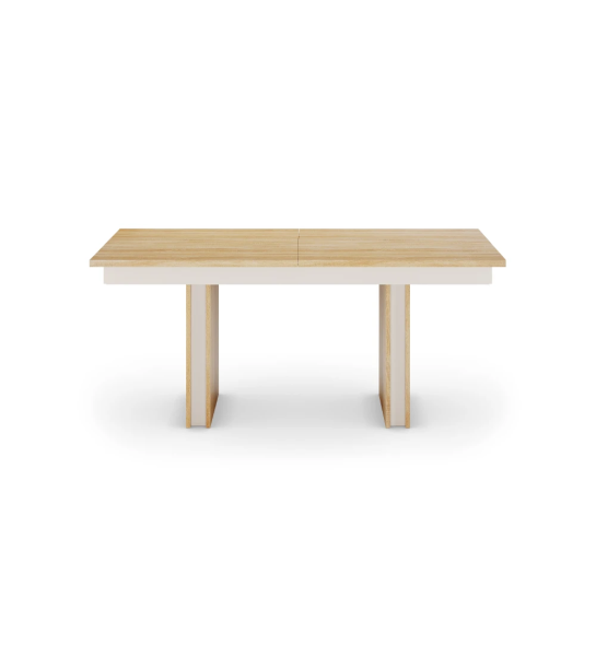 Mesa de comedor rectangular extensible en roble natural y detalle perla.