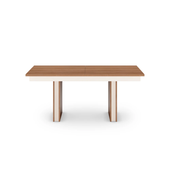 Mesa de comedor rectangular extensible en nogal y detalle perla.