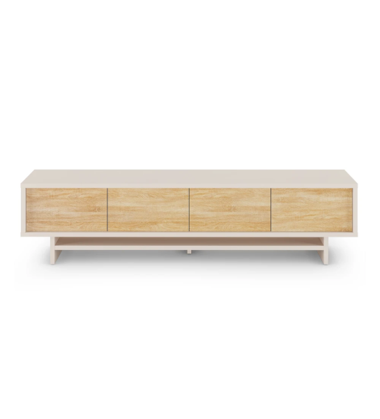 Dallas TV stand 4 doors in natural oak, pearl structure, 235 x 57 cm.