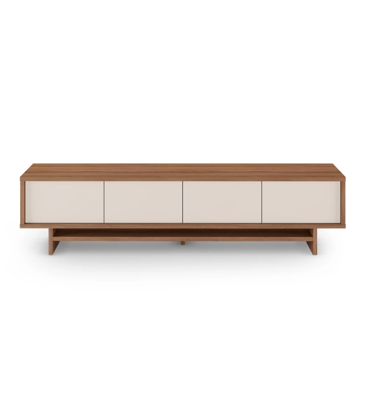 Mueble TV Dallas 4 puertas en perla, con estructura en nogal, 235 x 57 cm.