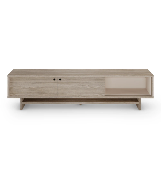Meuble TV Dallas 2 portes coulissantes et structure en chêne décapé, module mobile en perle, 235 x 57 cm.