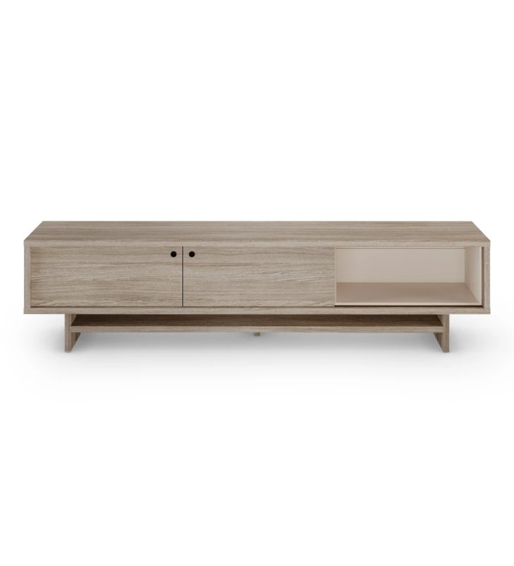 Mueble TV Dallas 2 puertas correderas y estructura en roble decapé, con módulo móvil en perla, 235 x 57 cm.