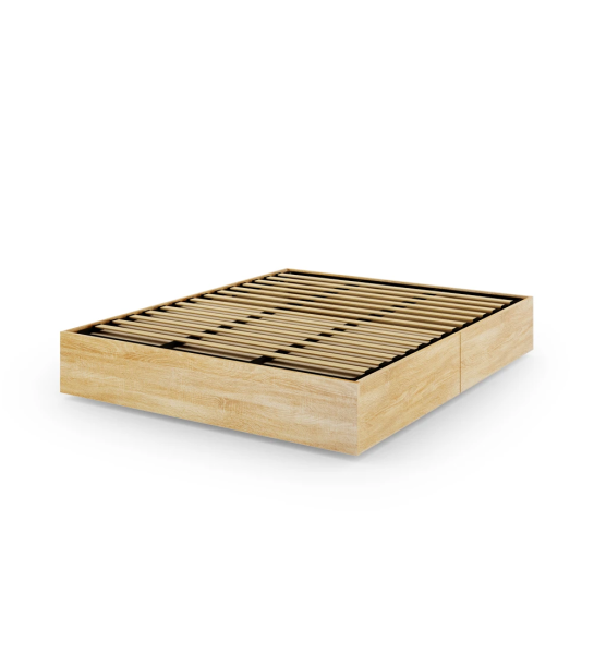 Sommier doble en roble natural, con plataforma elevable et 2 cajones para almacenaje.
