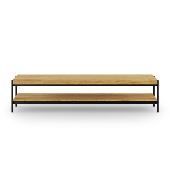 Consola TV Cannes en roble natural, con estructura de metal lacado en negro, pies con niveladores, 200 x 45 cm.