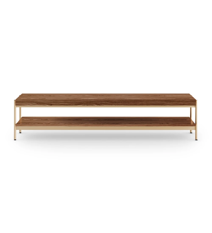 Cannes TV console in walnut, with gold lacquered metal structure, feet with levelers, 200 x 45 cm.