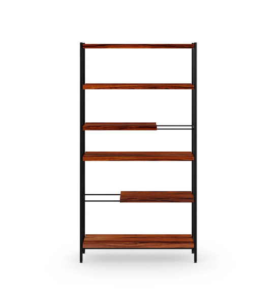Bibliothèque Cannes en palissandre brillant, structure en métal laqué noir et pieds avec niveleurs, 105 x 203 cm.