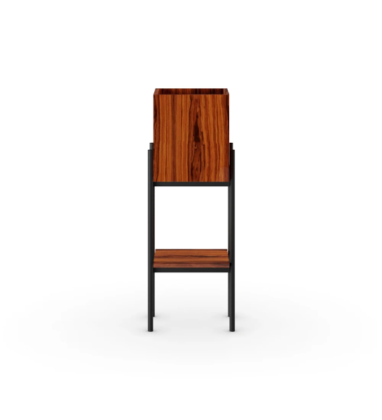 Flower box in high gloss palisander, black lacquered metallic structure, with levelers feet.
