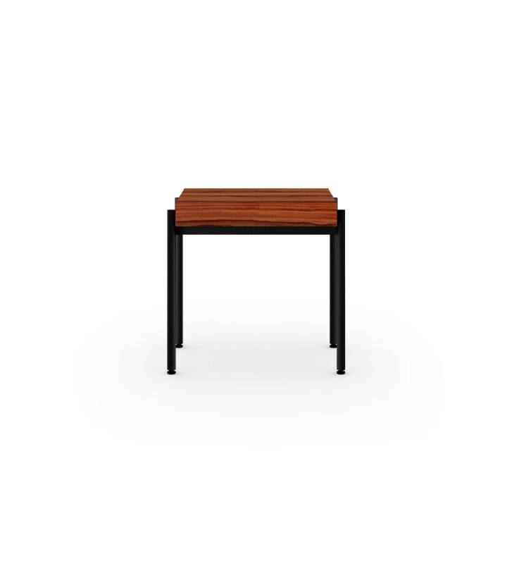 Table d'Appui carrée en palissandre brillant, structure en métal laqué noir, pieds avec niveleurs.