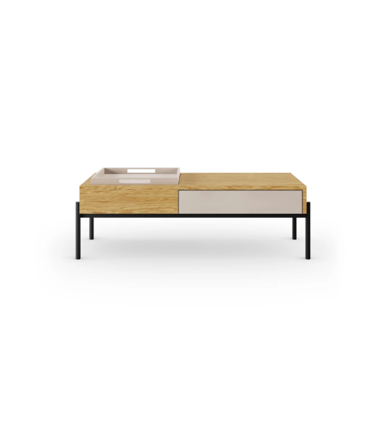 Mesa de centro Cannes retangular em carvalho natural, com gaveta e tabuleiro em pérola, pés metálicos lacados a negro com niveladores, 120 x 60 cm.