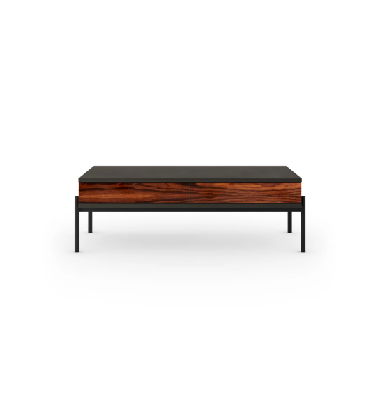 Mesa de centro Cannes rectangular en color negro, 2 cajones en palisandro alto brillo, pies en metal lacado negro con niveladores, 120 x 60 cm.