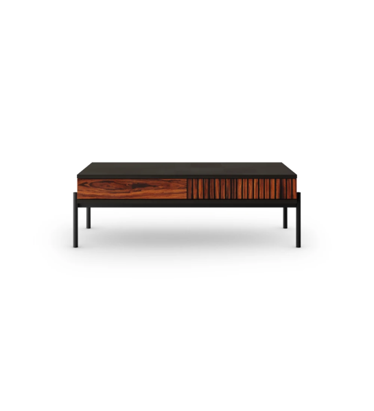 Mesa de centro Cannes rectangular en color negro, 2 cajones en palisandro  alto brillo, pies en metal lacado negro con niveladores, 120 x 60 cm.