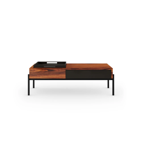 Mesa de centro Cannes retangular em palissandro alto brilho, gaveta e tabuleiro em negro, pés metálicos lacados a negro com niveladores, 120 x 60 cm.