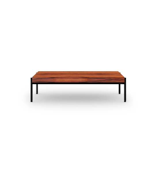 Mesa de centro Cannes rectangular en palisandro alto brillo, pies en metal lacado negro con niveladores, 120 x 60 cm.