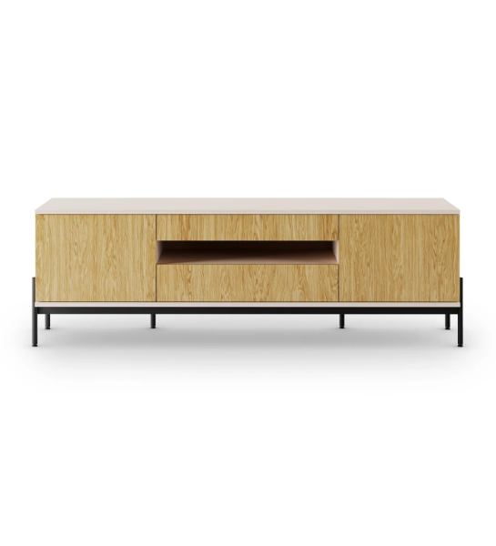 Meuble TV Cannes 2 portes et 2 tiroirs en chêne naturel, structure perlée et pieds en métal laqué noir avec niveleurs, 200 x 64,5 cm.