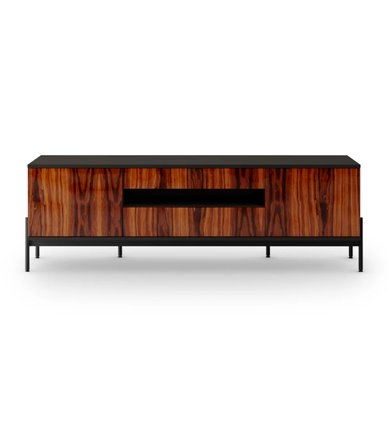 Cannes TV stand 2 doors and 2 drawers in high gloss palissander, black structure and black lacquered metal feet with levelers, 200 x 64,5 cm.