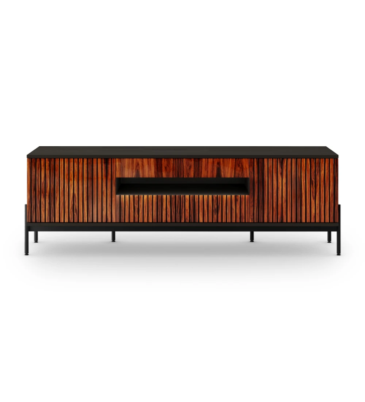 Mueble TV Cannes 2 puertas y 2 cajones en palisandro alto brillo, estructura en negro y pies en metal lacado negro con niveladores, 200 x 64,5 cm.