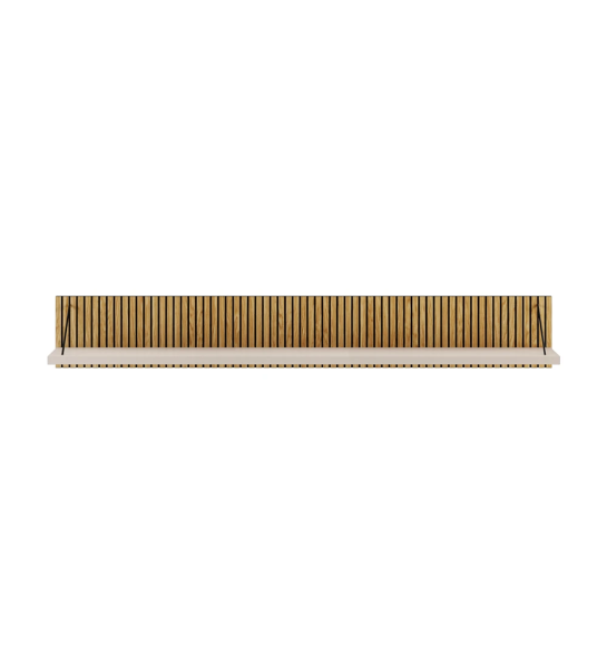 Estante Cannes en perla, respaldo en roble natural con cenefas, 195 x 28 cm.