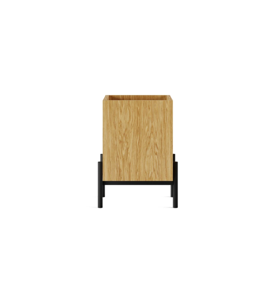 Flower box, in natural oak, black lacquered metallic structure with levelers feet.