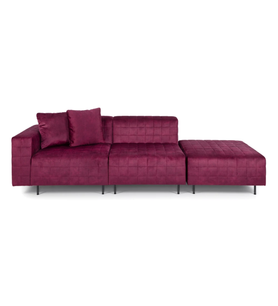 Sofá Cannes 2 plazas y puff tapizado en tela violeta, pies en metal lacado negro, 260 cm.