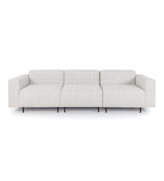Cannes 3-seater sofa upholstered in pearl fabric, black lacquered metal feet, 245 cm.