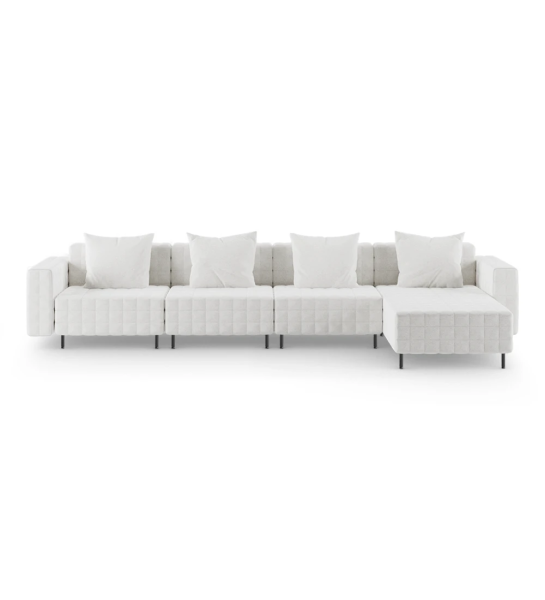 Canapé Cannes 3 places et chaise longue, recouvert en tissu nacré, pieds en métal laqué noir, 360 cm.