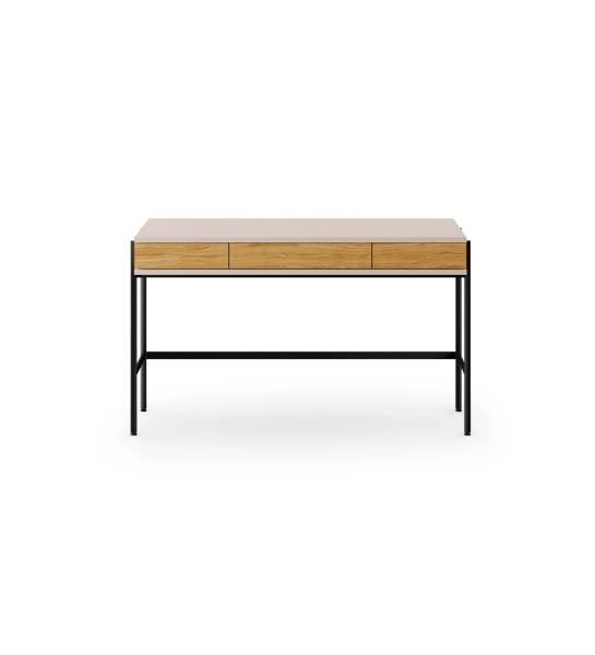 Bureau avec 2 tiroirs en chêne naturel, structure en perle et pieds en métal laqué noir avec niveleurs.