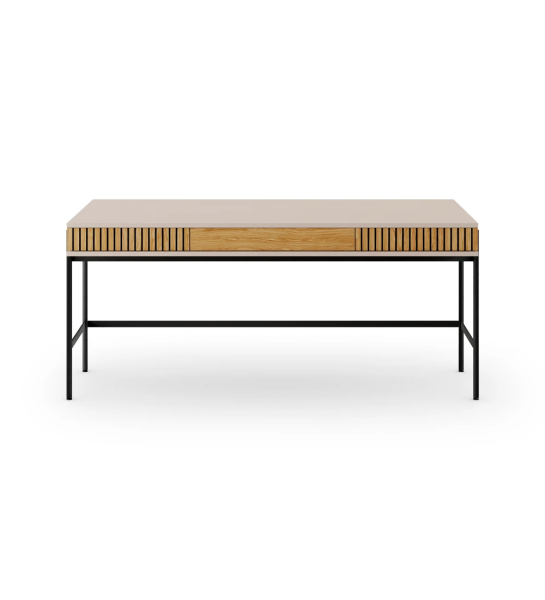 Bureau avec 2 tiroirs avec frises en chêne naturel, structure en perle et pieds en métal laqué noir avec niveleurs.