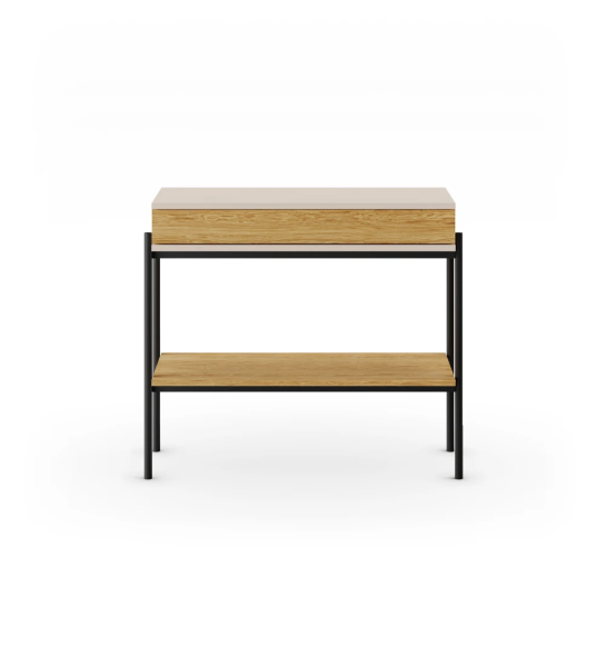 Console avec tiroir et étagère en chêne naturel, structure perlée et pieds en métal laqué noir avec niveleurs.