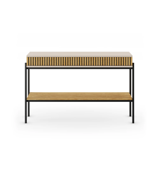 Console with 2 frieze drawers and shelf in natural oak, pearl structure and black lacquered metal feet with levelers.