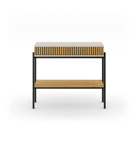 Console avec tiroir avec frises en chêne naturel, structure en perle et pieds en métal laqué noir avec niveleurs.
