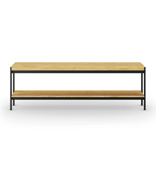 Consola con tablero y estante en roble natural, estructura metálica lacada en negro, pies con niveladores.