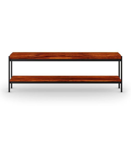Consola con tablero y estante en palisandro alto brillo, estructura metálica lacada en negro, pies nivelados.