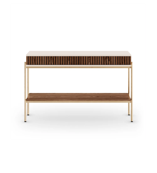 Console with 2 frieze drawers and walnut shelf, pearl structure and gold lacquered metal feet with levelers.