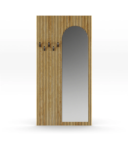 Painel para hall de entrada em carvalho natural com frisos, com espelho, ganchos em negro.