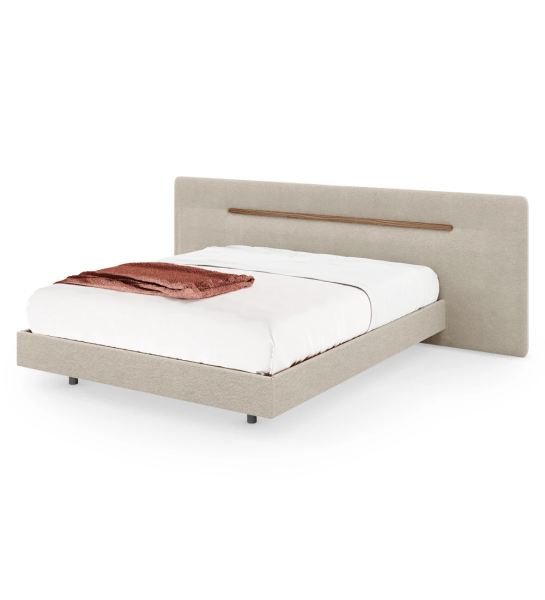 Cama doble con cabecero y base suspendida tapizada, detalle en nogal.