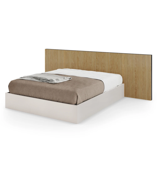 Cama de casal com cabeceira com frisos em carvalho natural e base em pérola, com arrumação através de estrado elevatório.