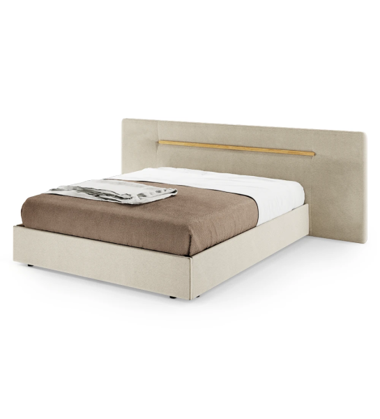 Cama de casal com cabeceira e base estofada, pormenor em carvalho natural, com arrumação através de estrado elevatório.