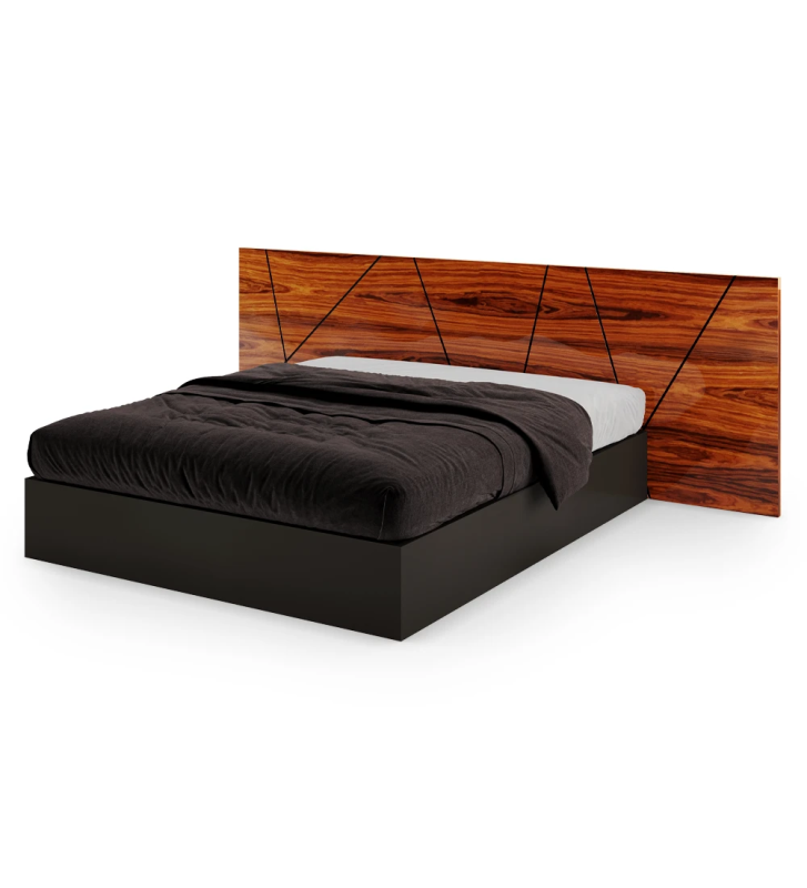 Double bed with abstract high gloss palissandro headboard and black base, with storage through a lifting platform.