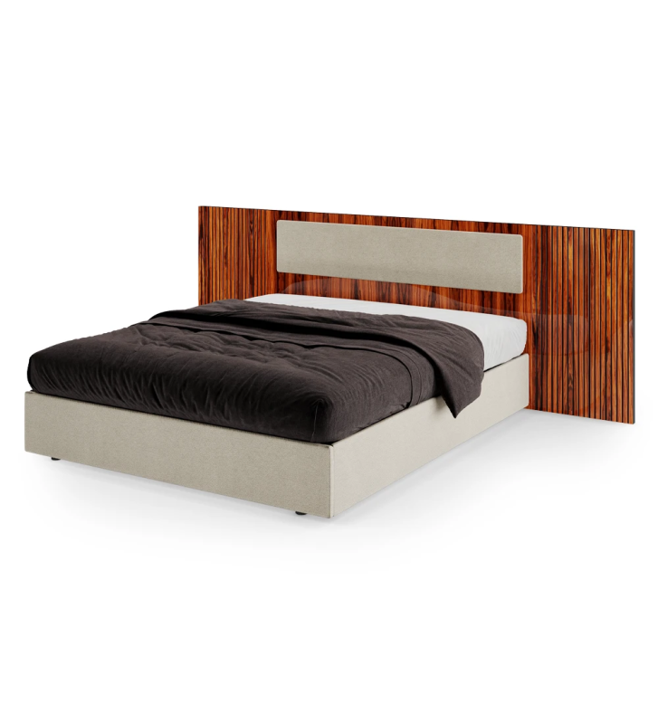  Cama doble con cabecero central tapizado, laterales del cabecero con frisos de palissandro alto brillo y base tapizada, con almacenaje mediante platafoma elevadora.