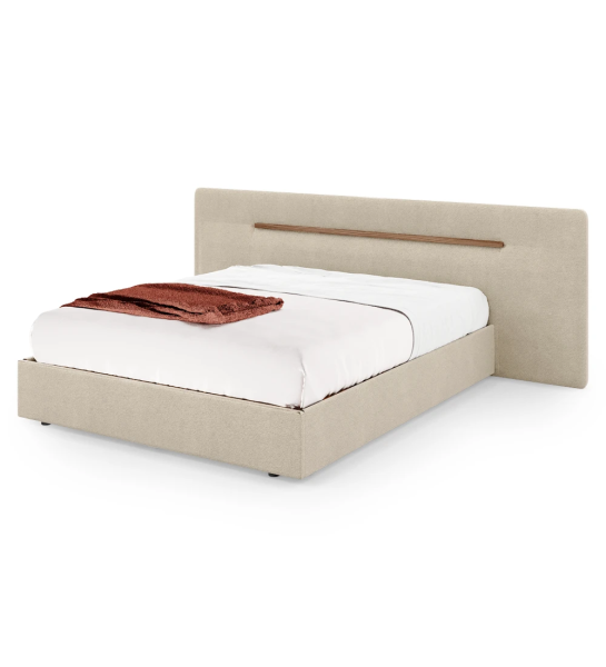 Cama de casal com cabeceira e base estofada, pormenor em nogueira, com arrumação através de estrado elevatório.