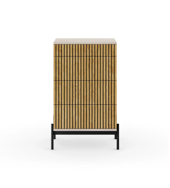 Chiffonnier à 4 tiroirs avec frises en chêne naturel, structure en perle et pieds métalliques laqué noir avec niveleurs.