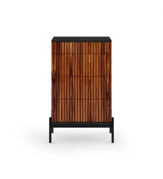 Chiffonnier à 4 tiroirs avec frises en palissandre brillance, structure en noir et pieds métalliques laqués en noir avec niveleurs.
