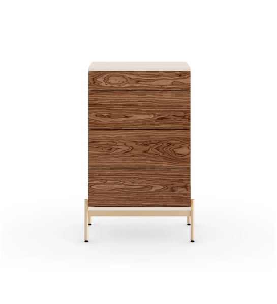 Dresser with 4 walnut drawers, pearl structure and golden lacquered metallic feet with levelers.