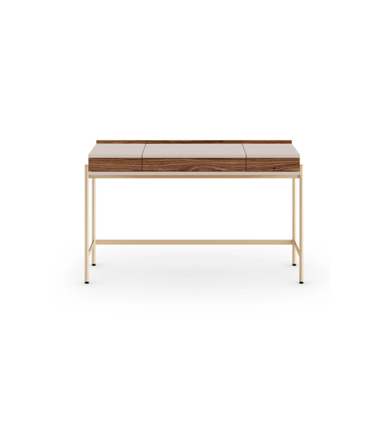 Dressing Table with 2 drawers in walnut, pearl structure and gold lacquered metal feet with levellers.