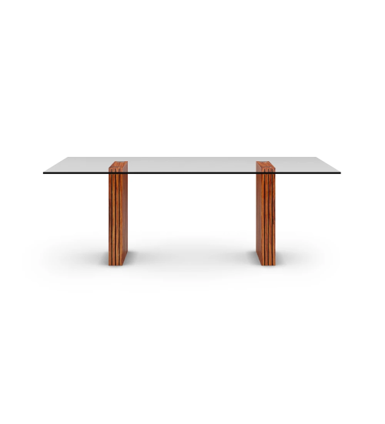 Mesa de jantar Cannes retangular 200 x 98 cm, tampo de vidro, pés em palissandro alto brilho com frisos.