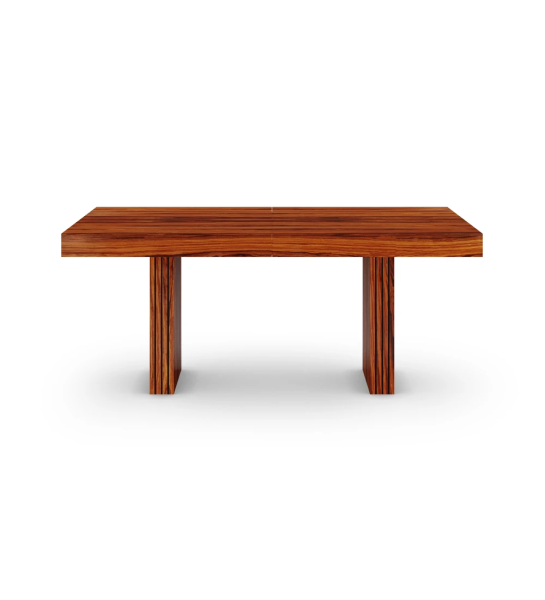 Mesa de comedor extensible rectangular en palisandro alto brillo, pies con frisos.