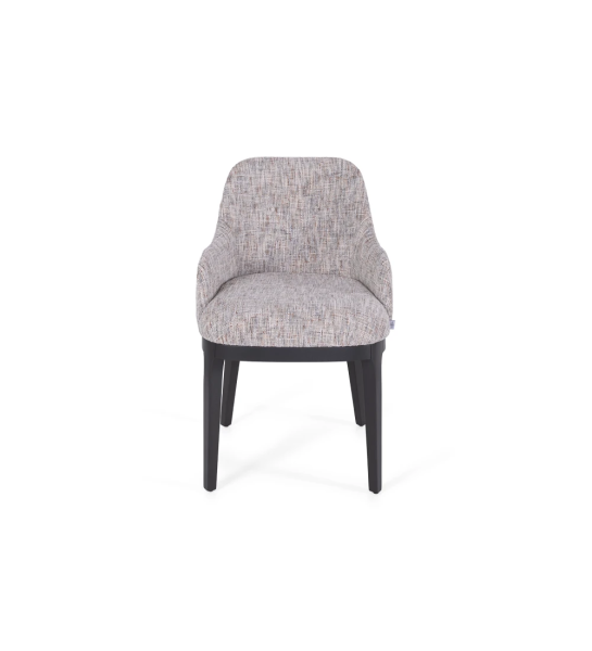 Chair with armrest upholstered in fabric, with black lacquered wooden feet.