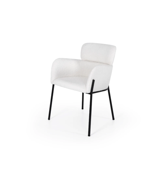 Chaise avec accoudoirs rembourrée en tissu, avec structure métallique laquée en noir.
