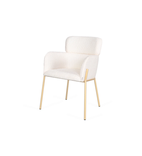 Chair with armrest upholstered in fabric, with metallic structure lacquered in gold.
